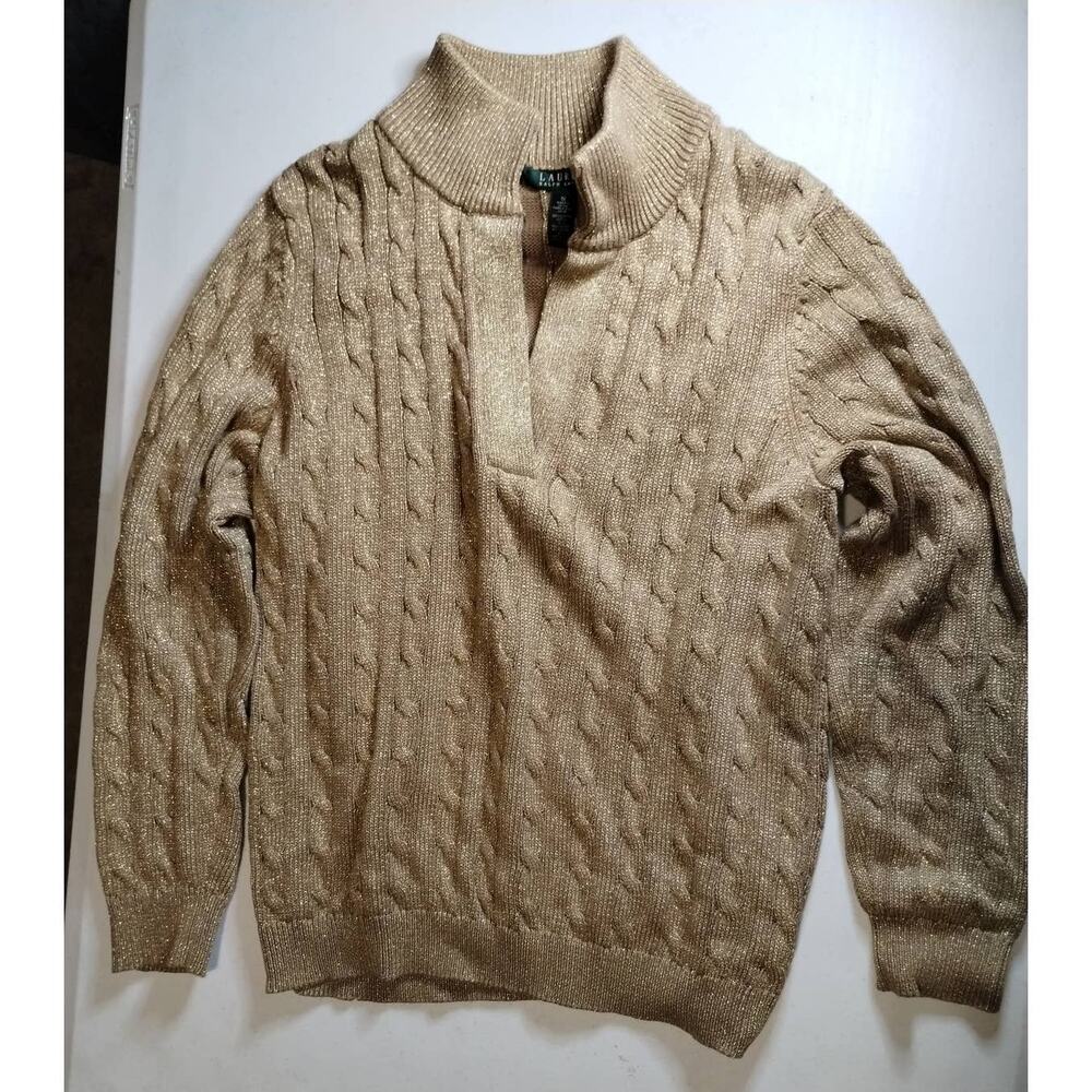 Ralph Lauren Cable Sweater Gold Sparkle V-neck Pullover 1X